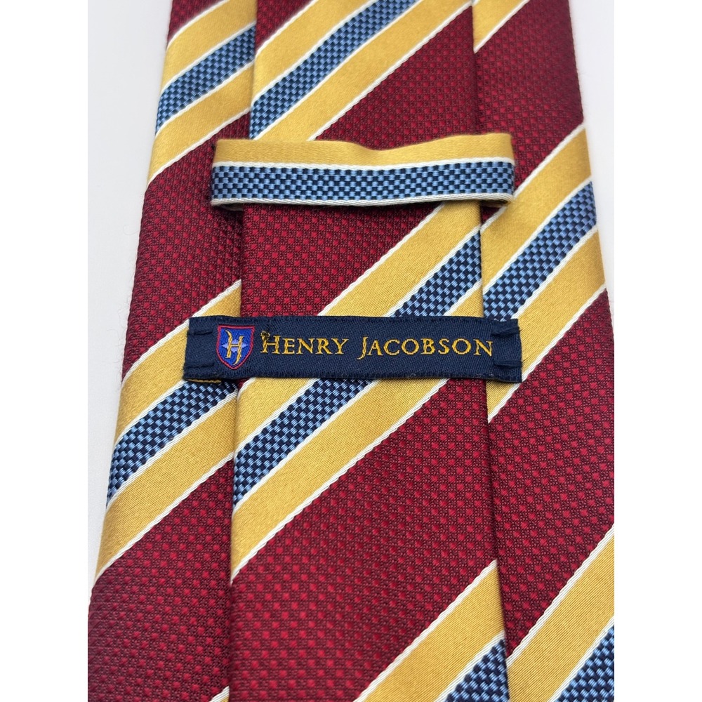 Henry Jacobson Mens Silk Tie Burgundy Gold Blue Striped Regimental Hand Made - Picture 4 of 8